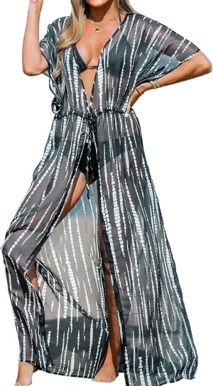 CUPSHE Kimono Swimsuit Coverup for Women Open Front Striped Maxi Cardigan Beach Cover Up