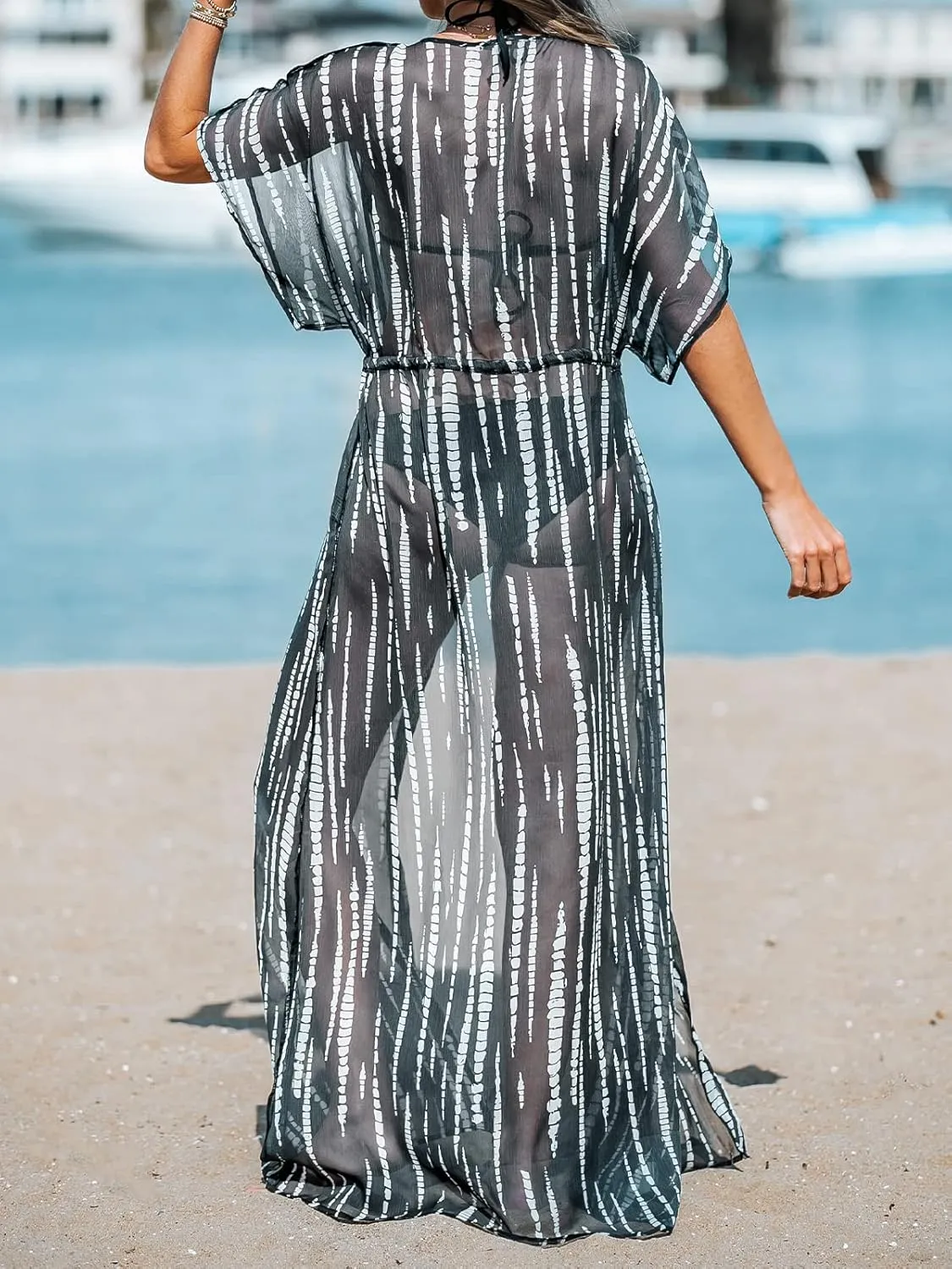 CUPSHE Kimono Swimsuit Coverup for Women Open Front Striped Maxi Cardigan Beach Cover Up