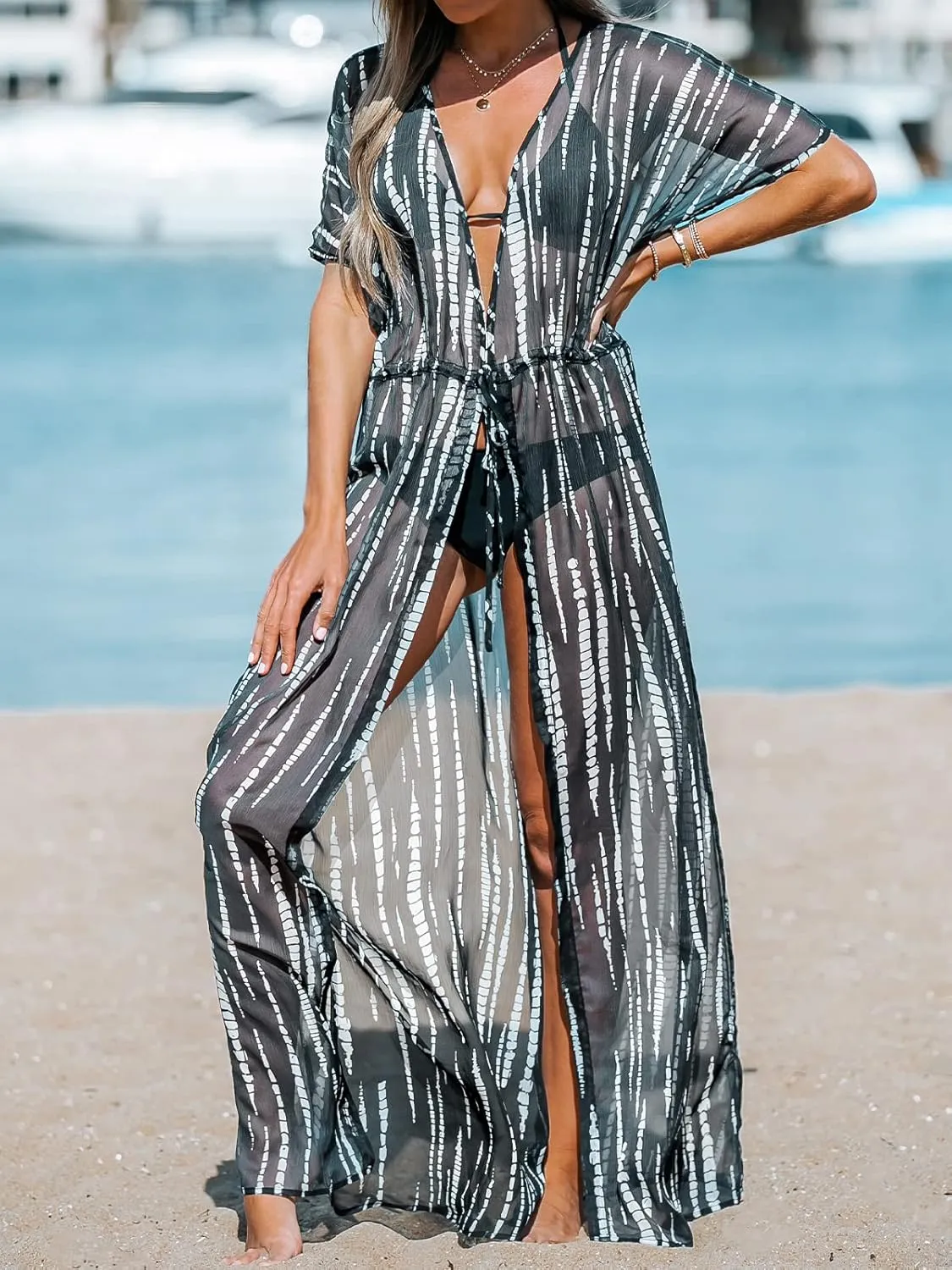 CUPSHE Kimono Swimsuit Coverup for Women Open Front Striped Maxi Cardigan Beach Cover Up