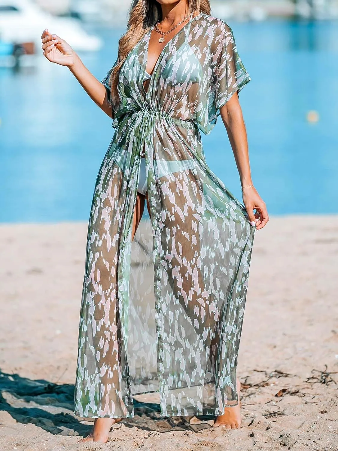 CUPSHE Kimono Swimsuit Coverup for Women Open Front Striped Maxi Cardigan Beach Cover Up