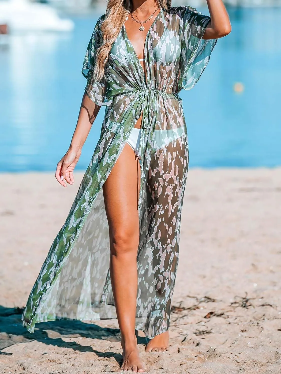 CUPSHE Kimono Swimsuit Coverup for Women Open Front Striped Maxi Cardigan Beach Cover Up