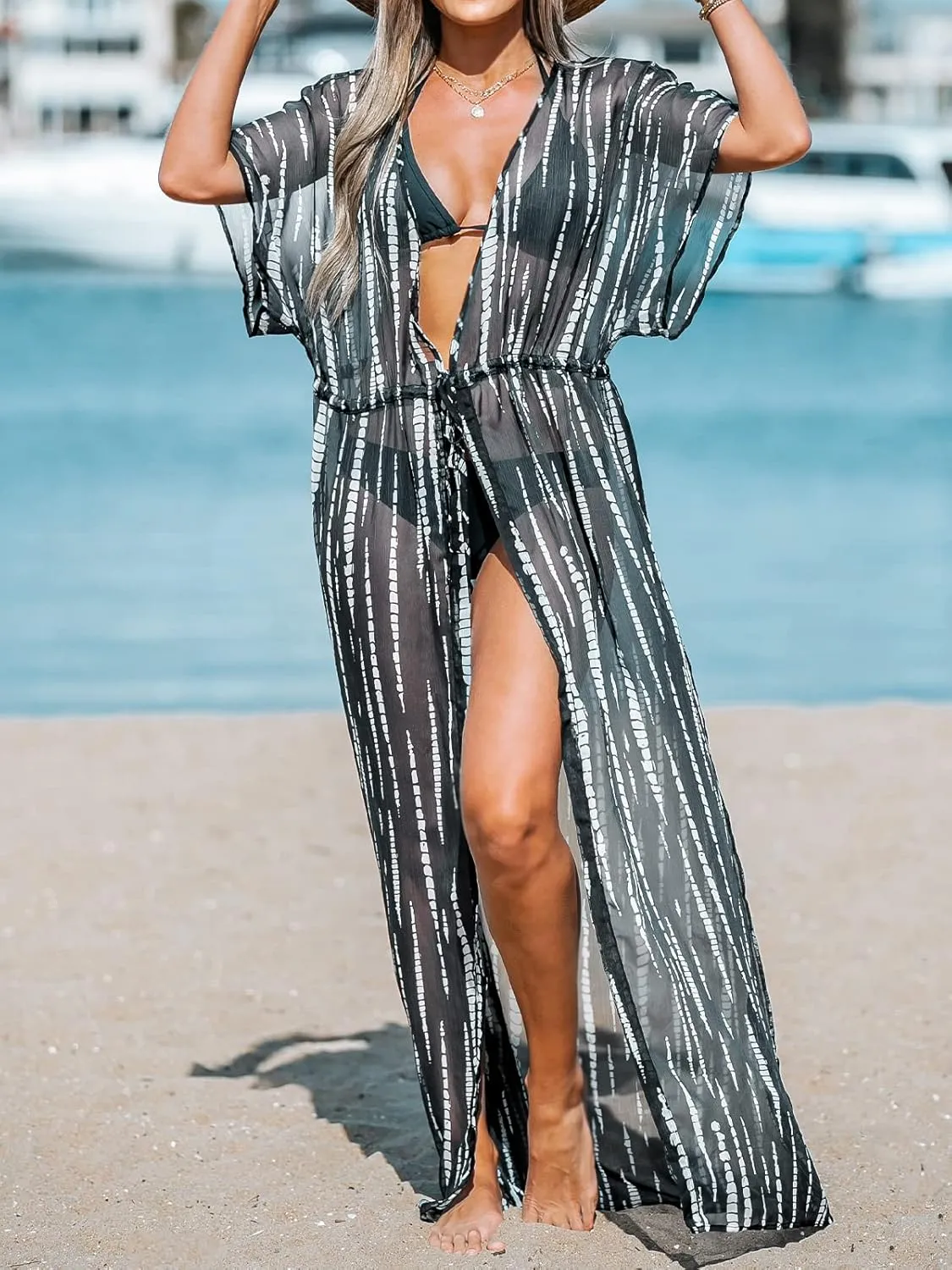 CUPSHE Kimono Swimsuit Coverup for Women Open Front Striped Maxi Cardigan Beach Cover Up