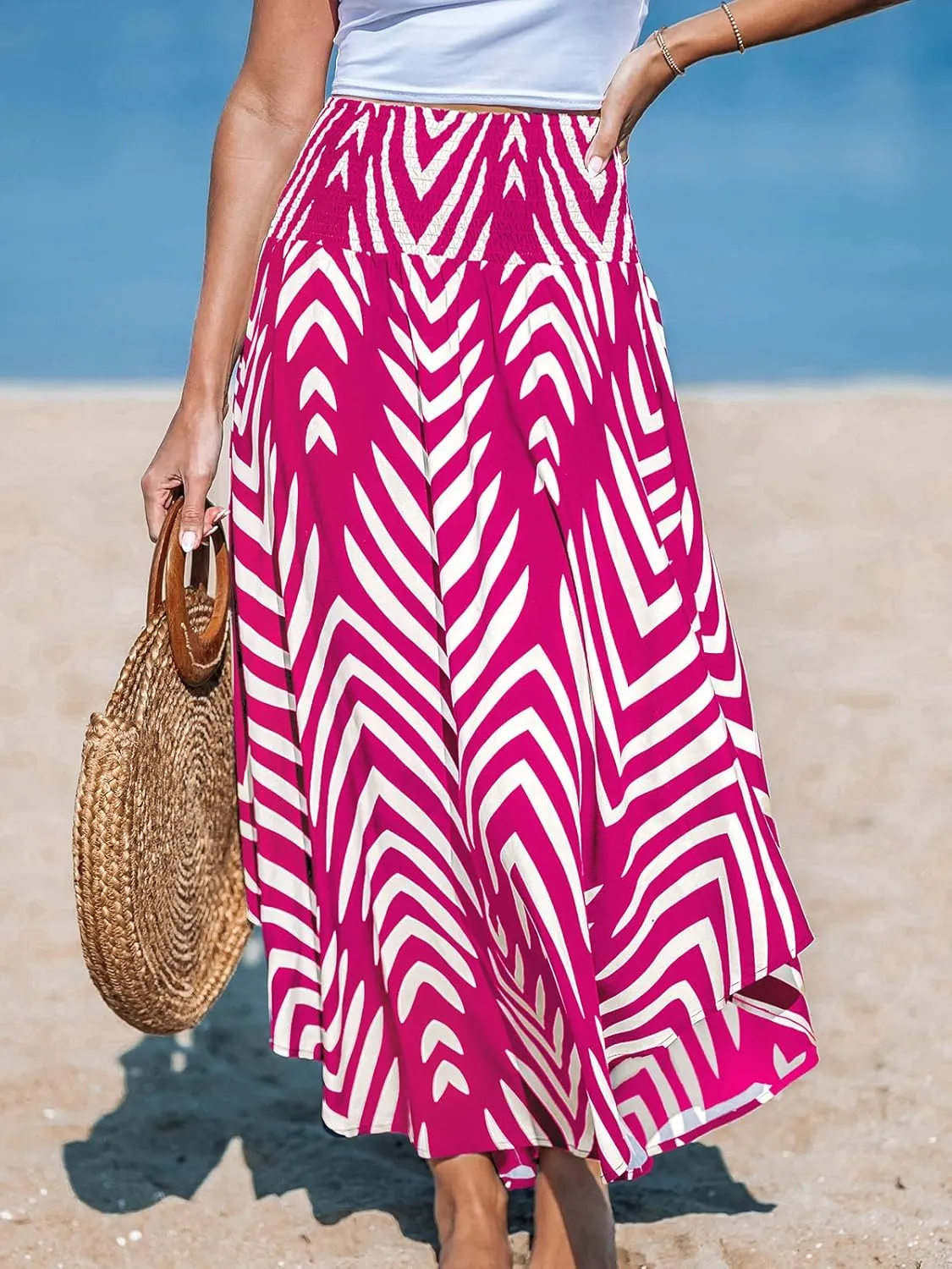 CUPSHE Skirts Abstract Smocked Midi Skirt High Waist Coverup Casual Vacation