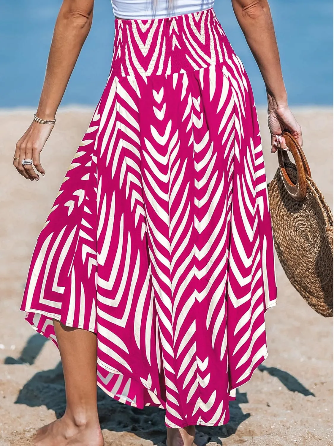 CUPSHE Skirts Abstract Smocked Midi Skirt High Waist Coverup Casual Vacation