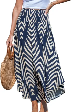 CUPSHE Skirts Abstract Smocked Midi Skirt High Waist Coverup Casual Vacation