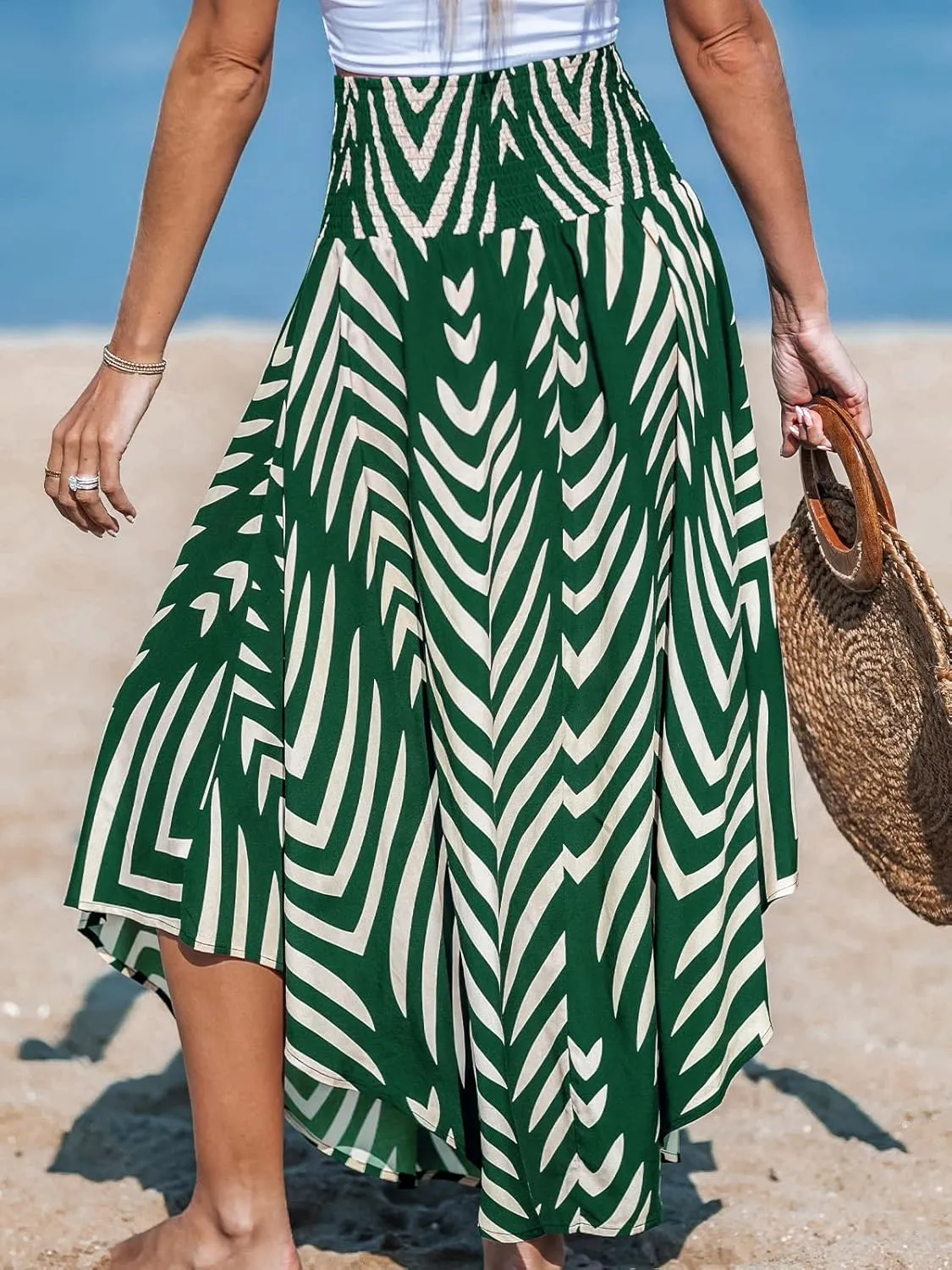 CUPSHE Skirts Abstract Smocked Midi Skirt High Waist Coverup Casual Vacation