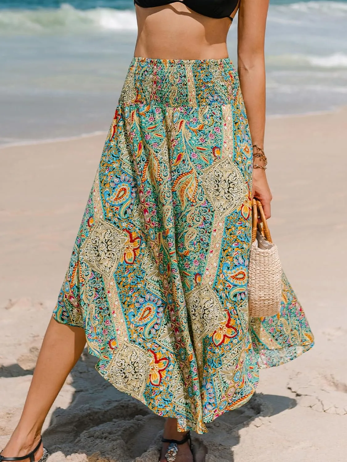 CUPSHE Skirts Abstract Smocked Midi Skirt High Waist Coverup Casual Vacation