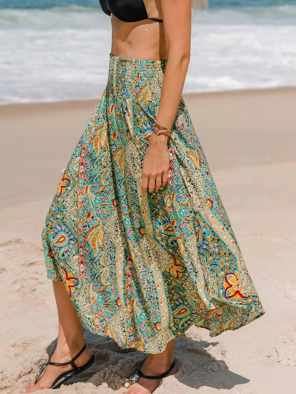 CUPSHE Skirts Abstract Smocked Midi Skirt High Waist Coverup Casual Vacation