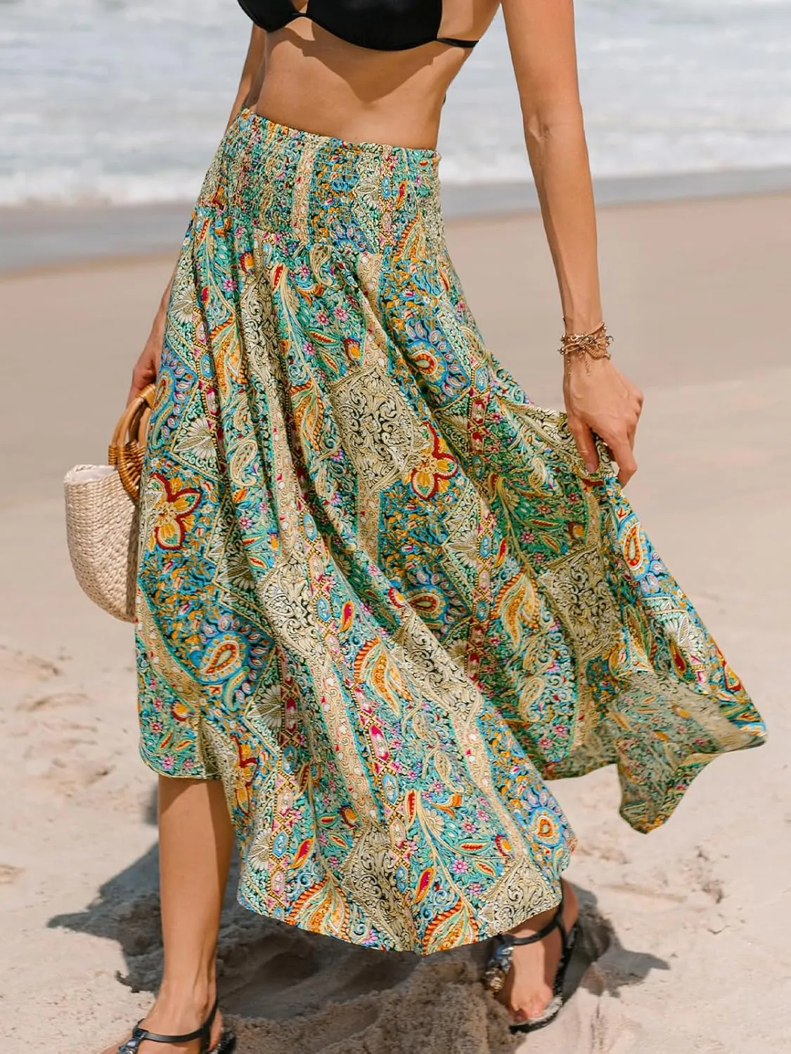 CUPSHE Skirts Abstract Smocked Midi Skirt High Waist Coverup Casual Vacation