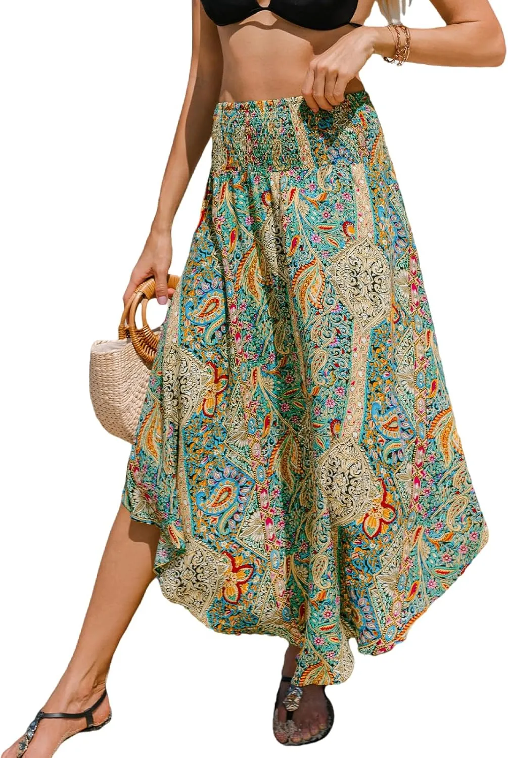 CUPSHE Skirts Abstract Smocked Midi Skirt High Waist Coverup Casual Vacation