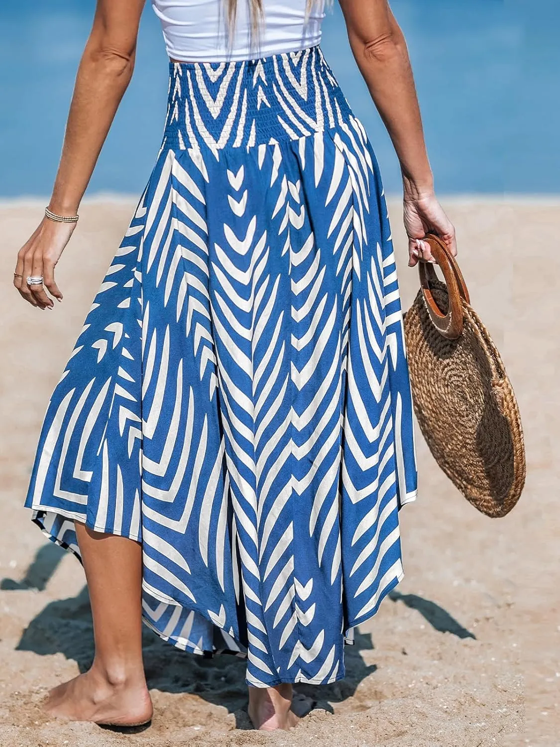 CUPSHE Skirts Abstract Smocked Midi Skirt High Waist Coverup Casual Vacation