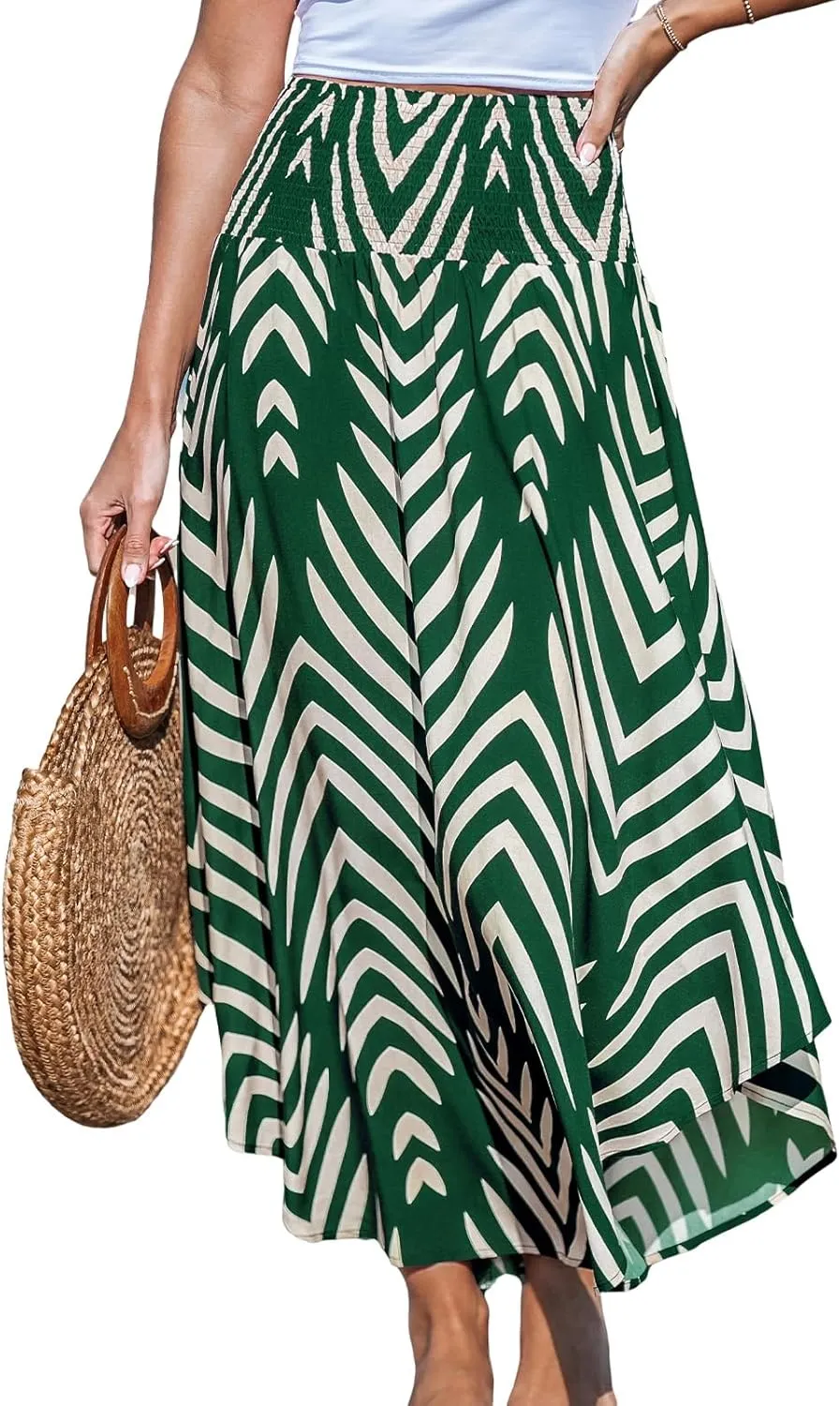 CUPSHE Skirts Abstract Smocked Midi Skirt High Waist Coverup Casual Vacation