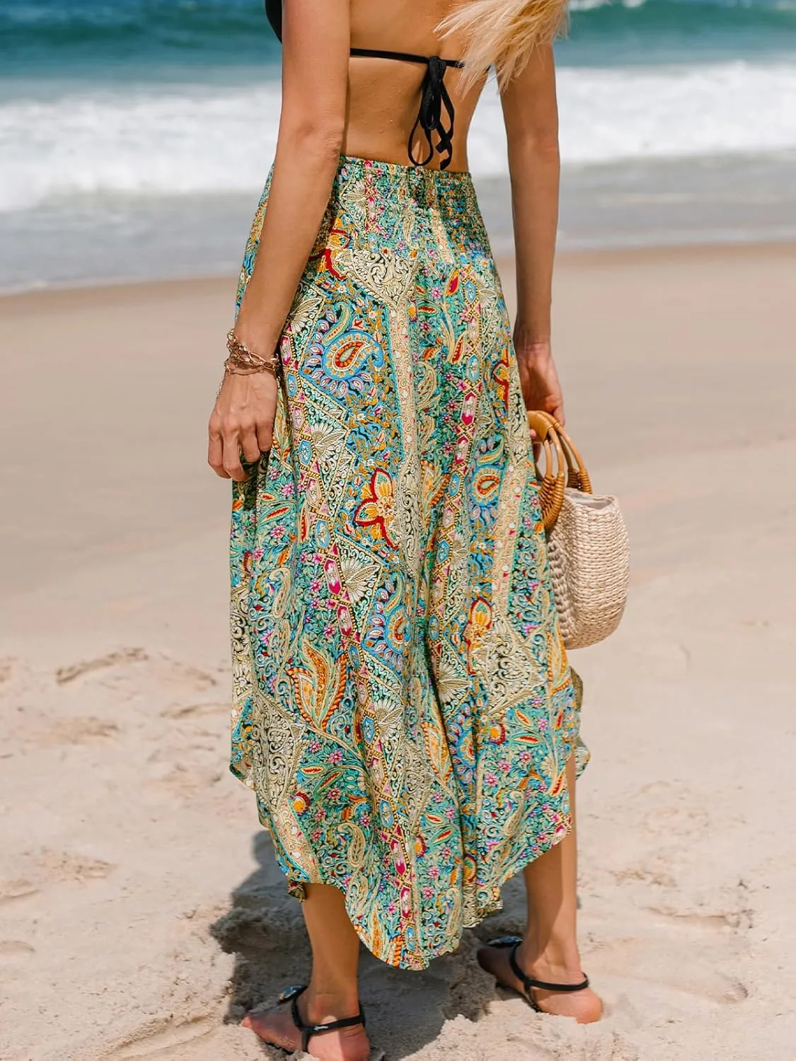 CUPSHE Skirts Abstract Smocked Midi Skirt High Waist Coverup Casual Vacation