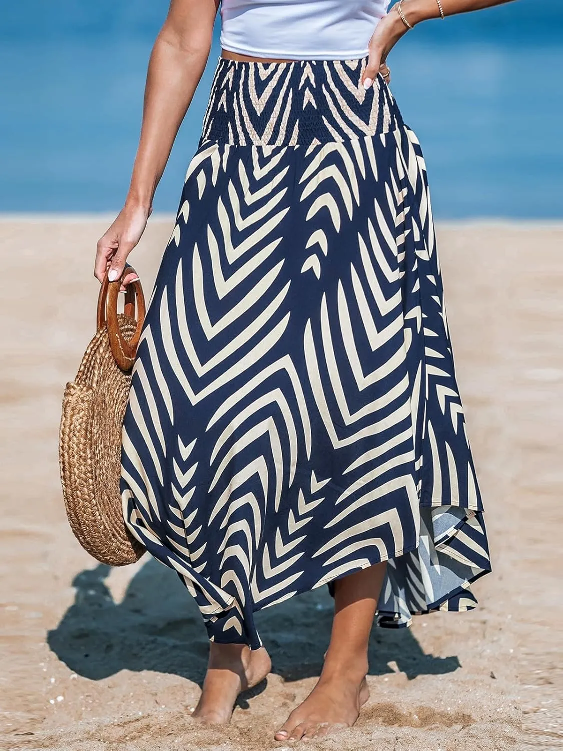 CUPSHE Skirts Abstract Smocked Midi Skirt High Waist Coverup Casual Vacation