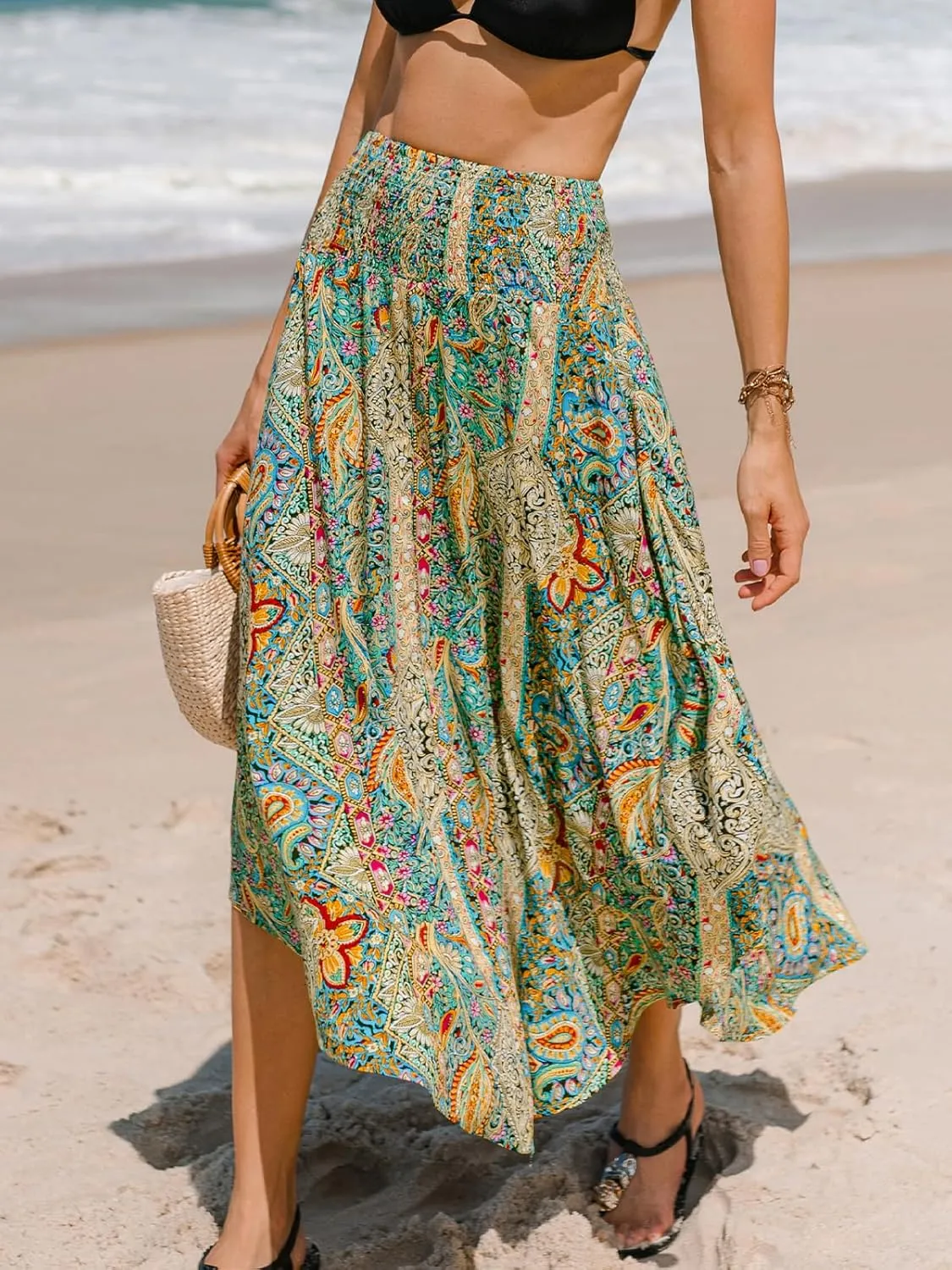 CUPSHE Skirts Abstract Smocked Midi Skirt High Waist Coverup Casual Vacation