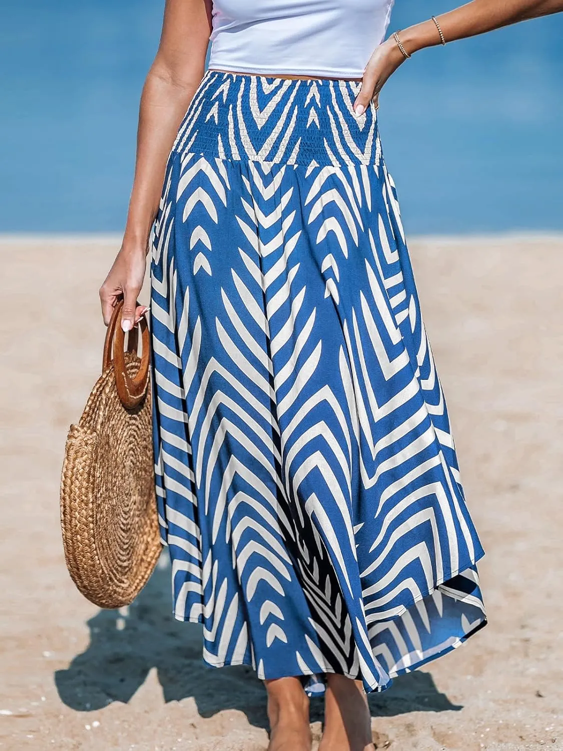 CUPSHE Skirts Abstract Smocked Midi Skirt High Waist Coverup Casual Vacation