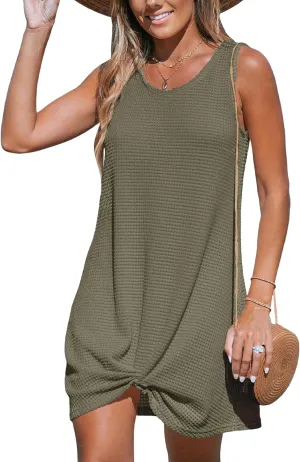 CUPSHE Women's Sleeveless Swimsuit Coverup Waffle Knit Swimwear Beach Cover Ups Twisted Mini Dress