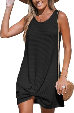 CUPSHE Women's Sleeveless Swimsuit Coverup Waffle Knit Swimwear Beach Cover Ups Twisted Mini Dress