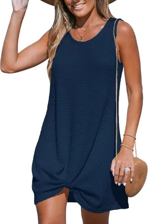 CUPSHE Women's Sleeveless Swimsuit Coverup Waffle Knit Swimwear Beach Cover Ups Twisted Mini Dress
