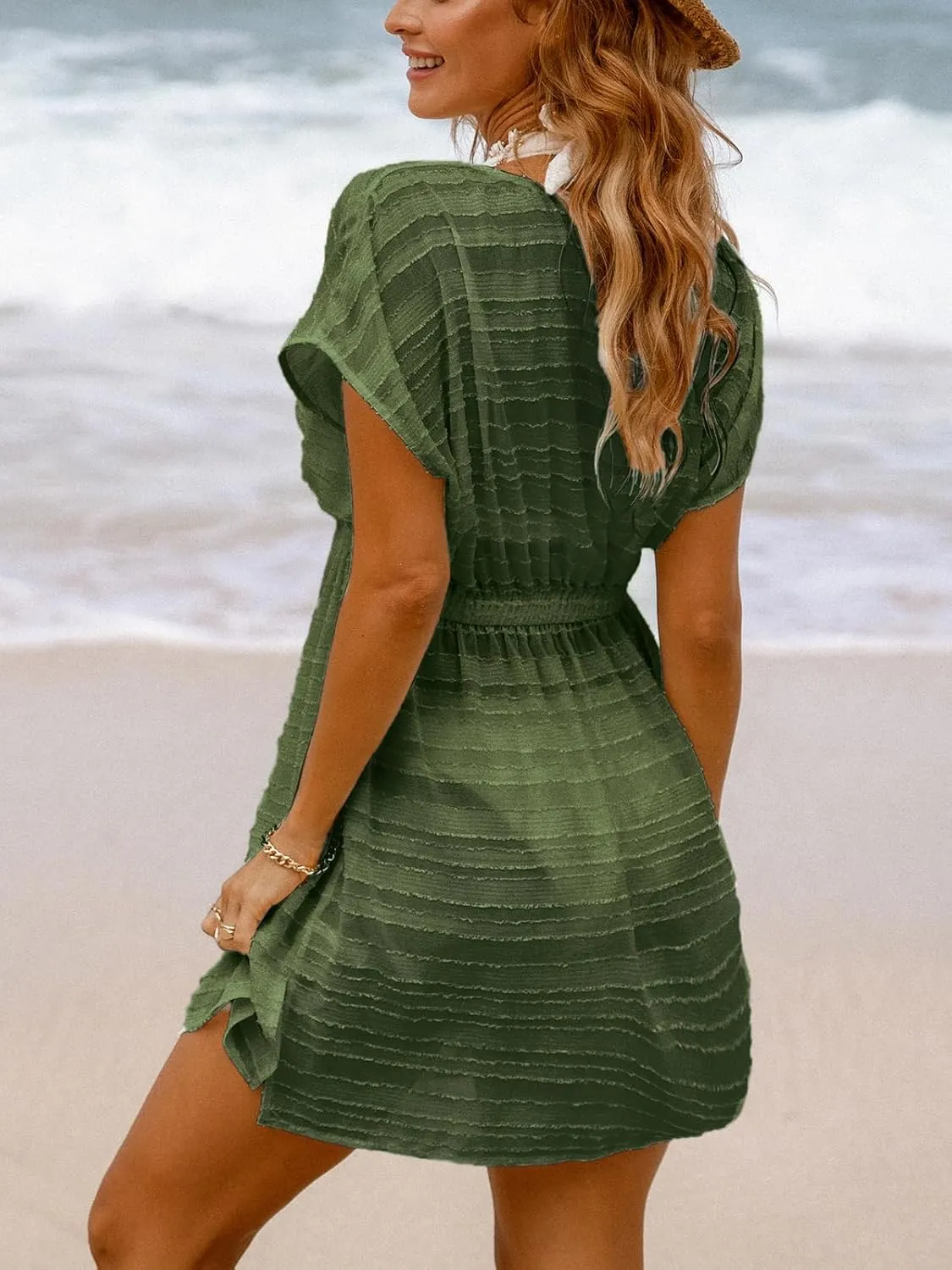 CUPSHE Women's Swim Cover Up Dress V Neck Textured Striped Short Sleeve Cover Ups Casual Beach Summer
