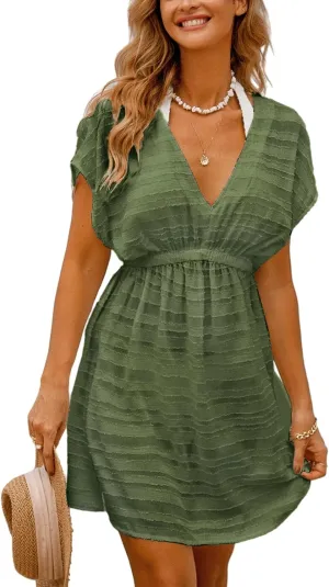 CUPSHE Women's Swim Cover Up Dress V Neck Textured Striped Short Sleeve Cover Ups Casual Beach Summer