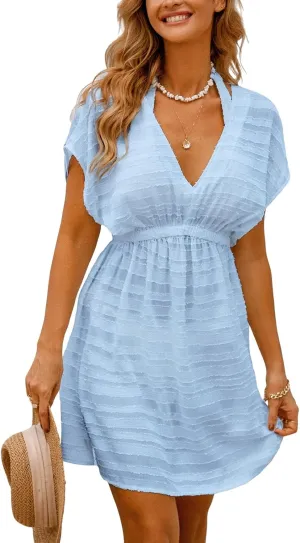 CUPSHE Women's Swim Cover Up Dress V Neck Textured Striped Short Sleeve Cover Ups Casual Beach Summer