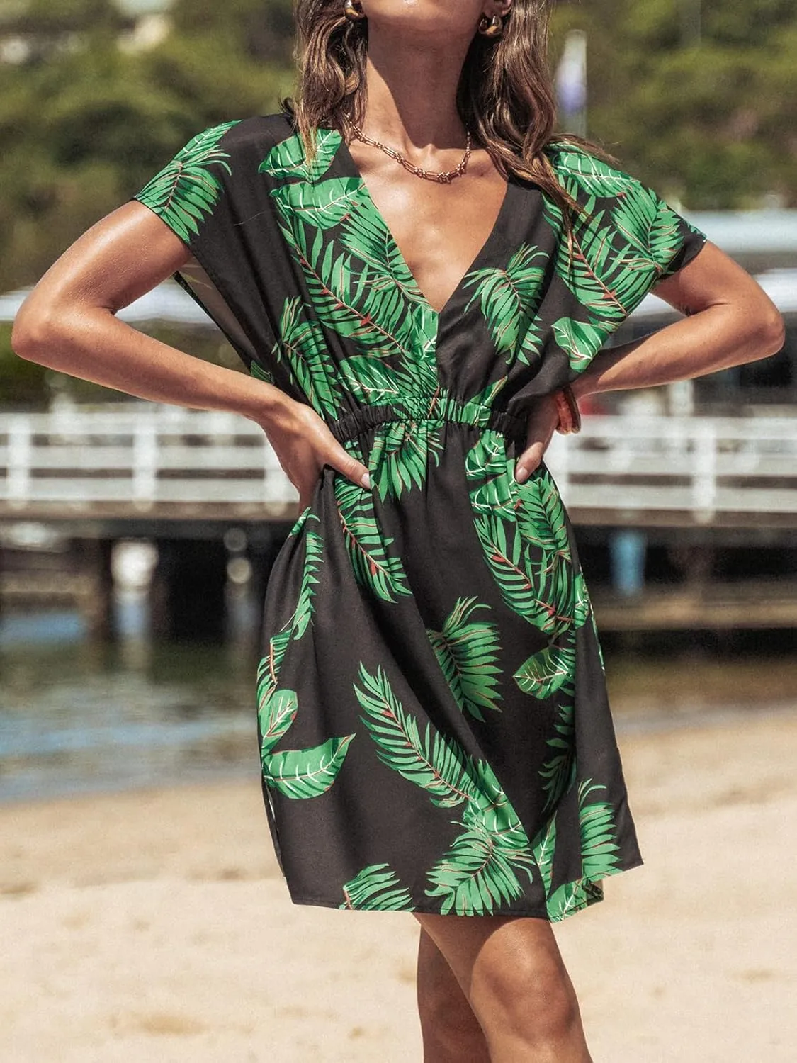 CUPSHE Women's Swimsuit Coverup Casual V Neck Beach Dress Short Sleeve Elastic Waist Swimwear Cover Ups 2025 Beachwear