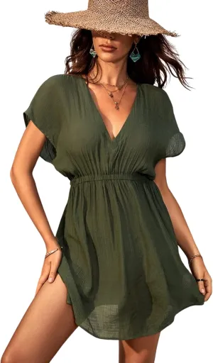 CUPSHE Women's Swimsuit Coverup Casual V Neck Beach Dress Short Sleeve Elastic Waist Swimwear Cover Ups 2025 Beachwear