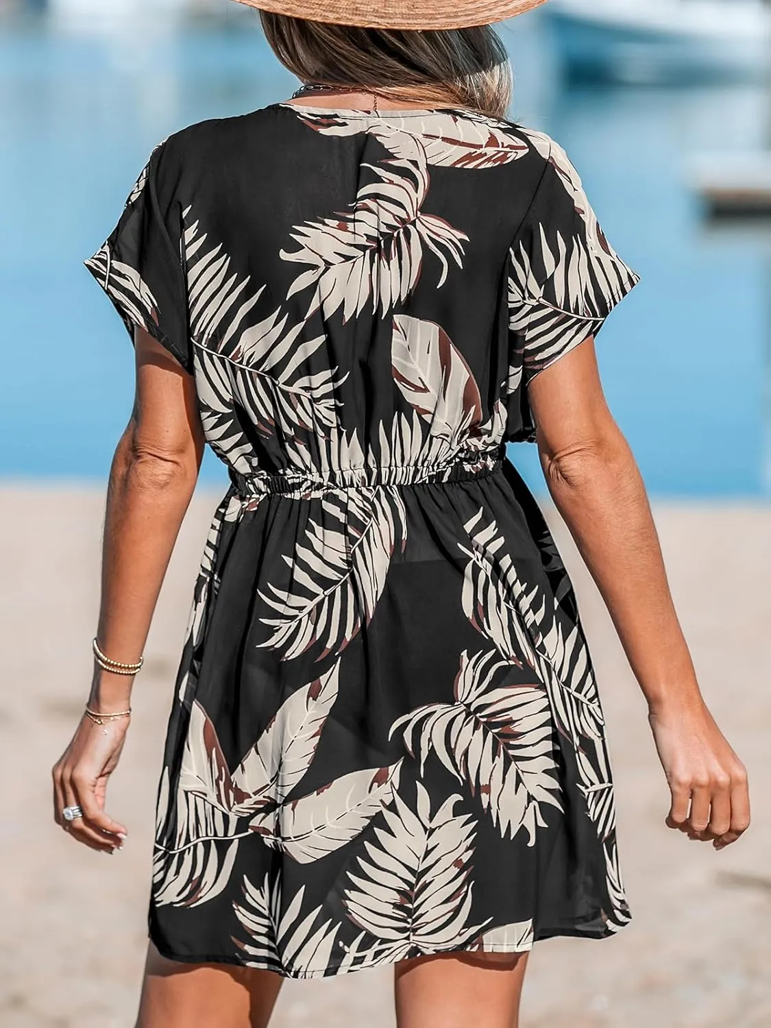 CUPSHE Women's Swimsuit Coverup Casual V Neck Beach Dress Short Sleeve Elastic Waist Swimwear Cover Ups 2025 Beachwear