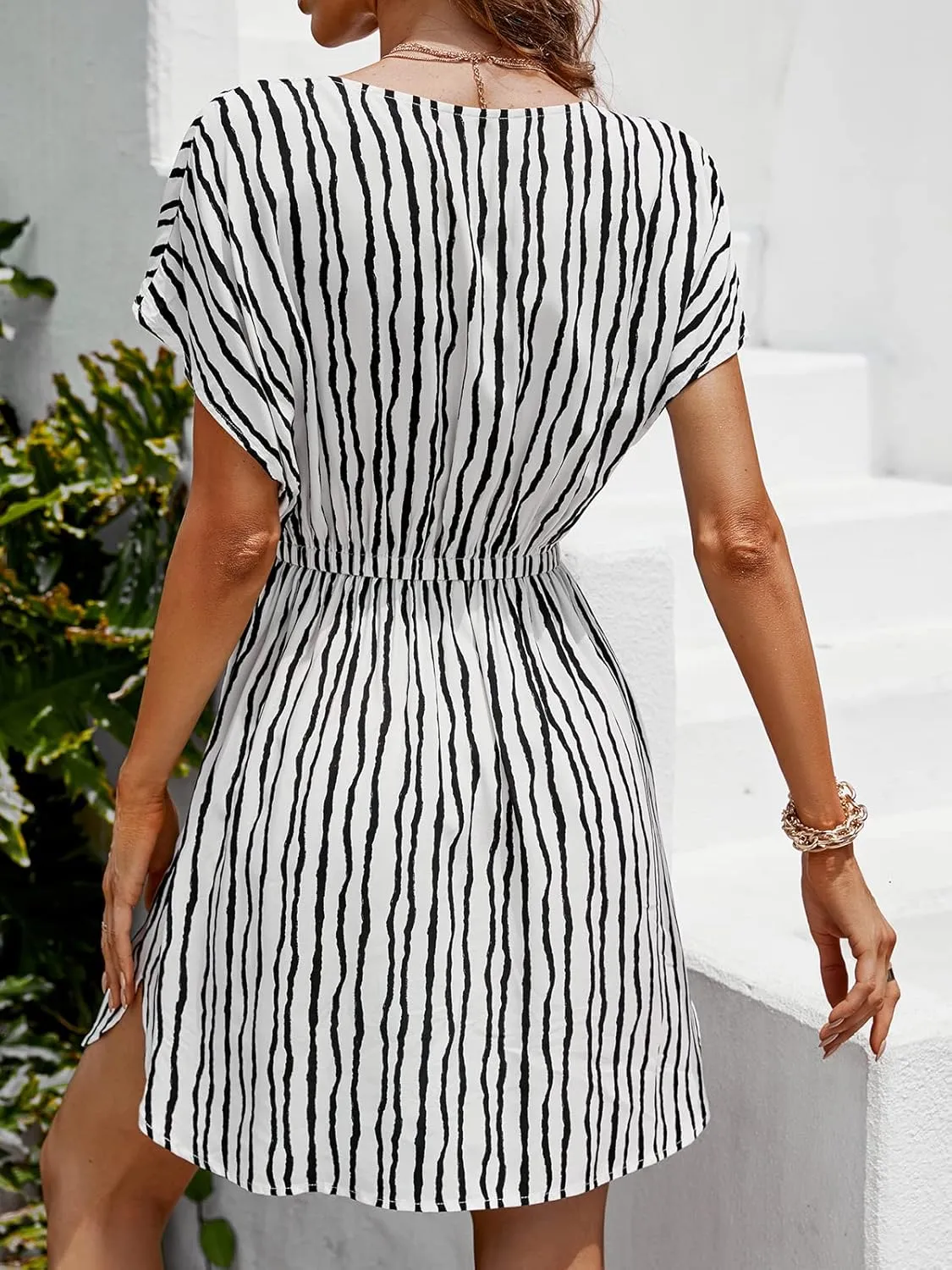 CUPSHE Women's Swimsuit Coverup Casual V Neck Beach Dress Short Sleeve Elastic Waist Swimwear Cover Ups 2025 Beachwear