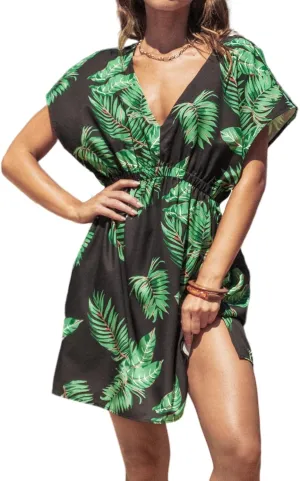 CUPSHE Women's Swimsuit Coverup Casual V Neck Beach Dress Short Sleeve Elastic Waist Swimwear Cover Ups 2025 Beachwear