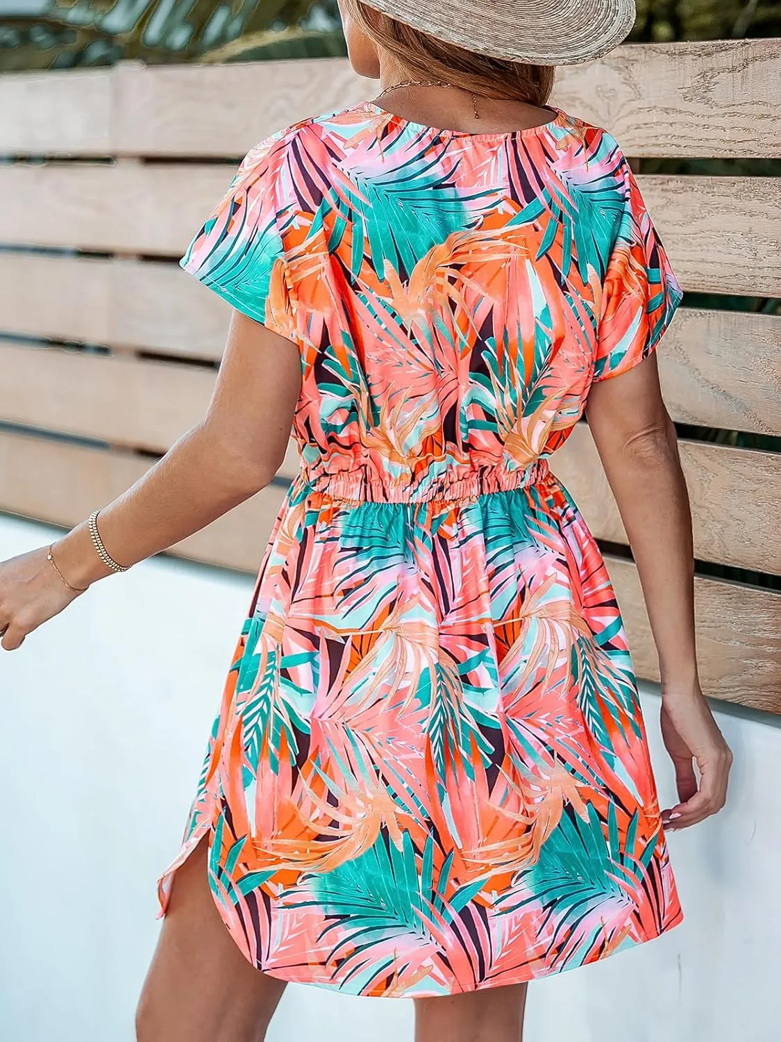 CUPSHE Women's Swimsuit Coverup Casual V Neck Beach Dress Short Sleeve Elastic Waist Swimwear Cover Ups 2025 Beachwear