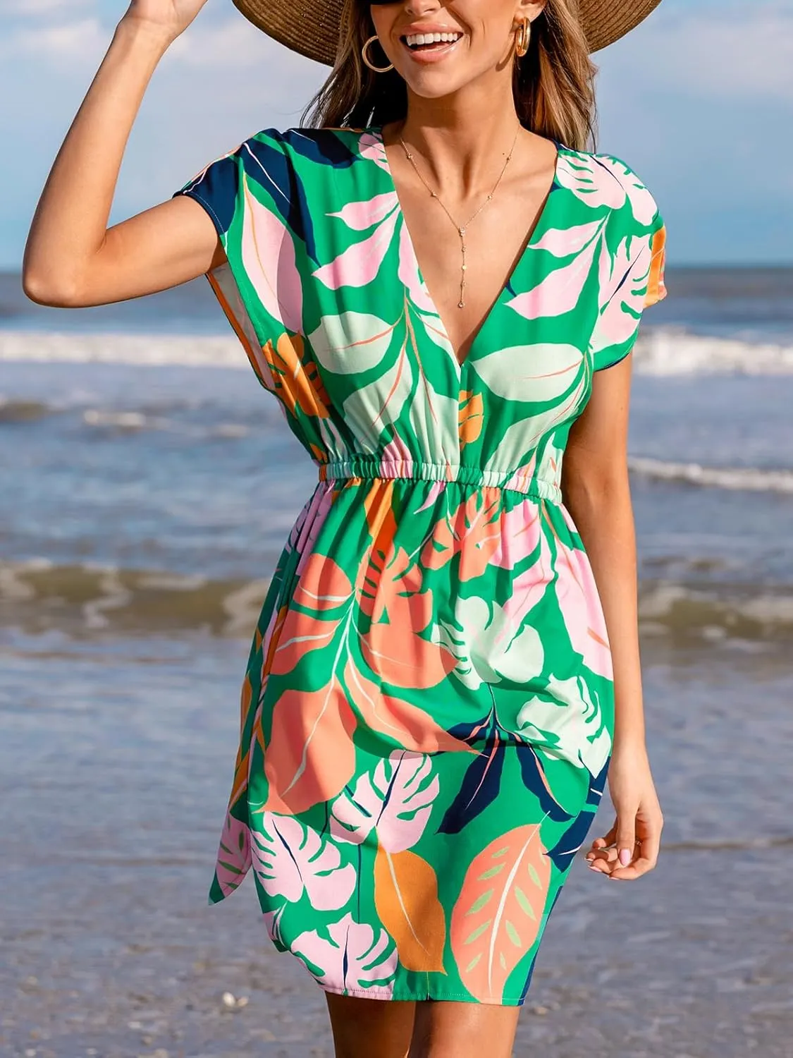 CUPSHE Women's Swimsuit Coverup Dress Short Sleeve Casual Summer Printed Beach Cover Ups Sundress