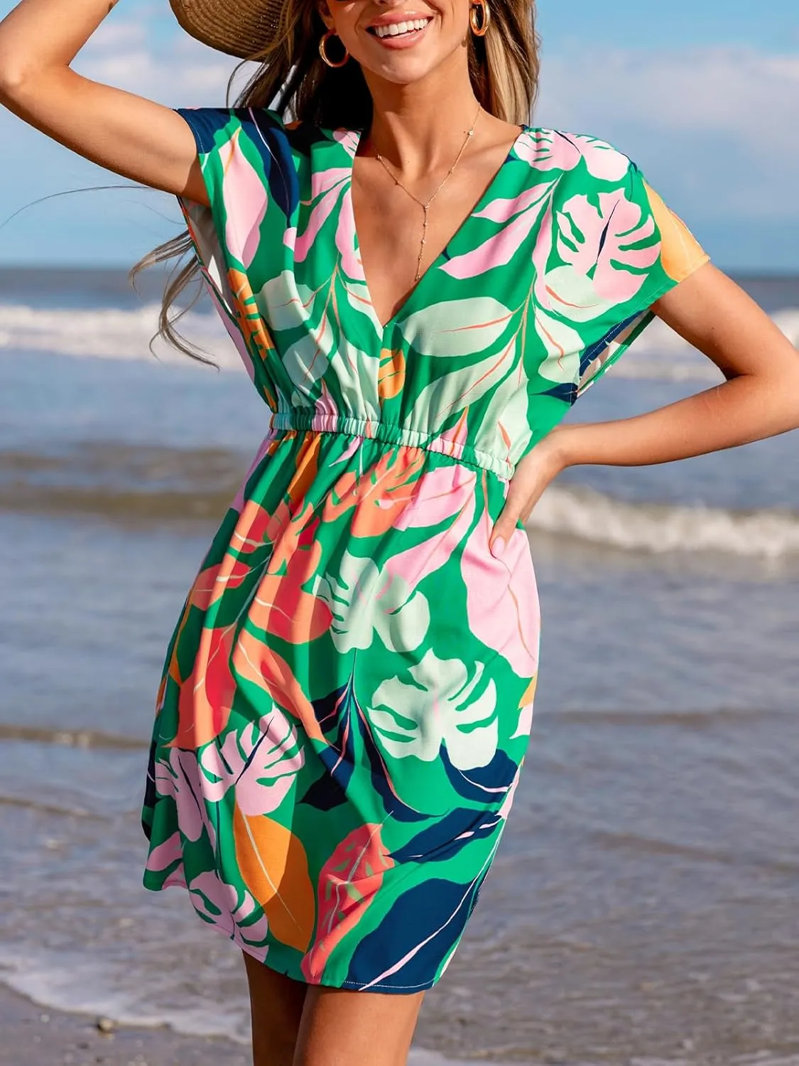 CUPSHE Women's Swimsuit Coverup Dress Short Sleeve Casual Summer Printed Beach Cover Ups Sundress