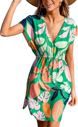 CUPSHE Women's Swimsuit Coverup Dress Short Sleeve Casual Summer Printed Beach Cover Ups Sundress