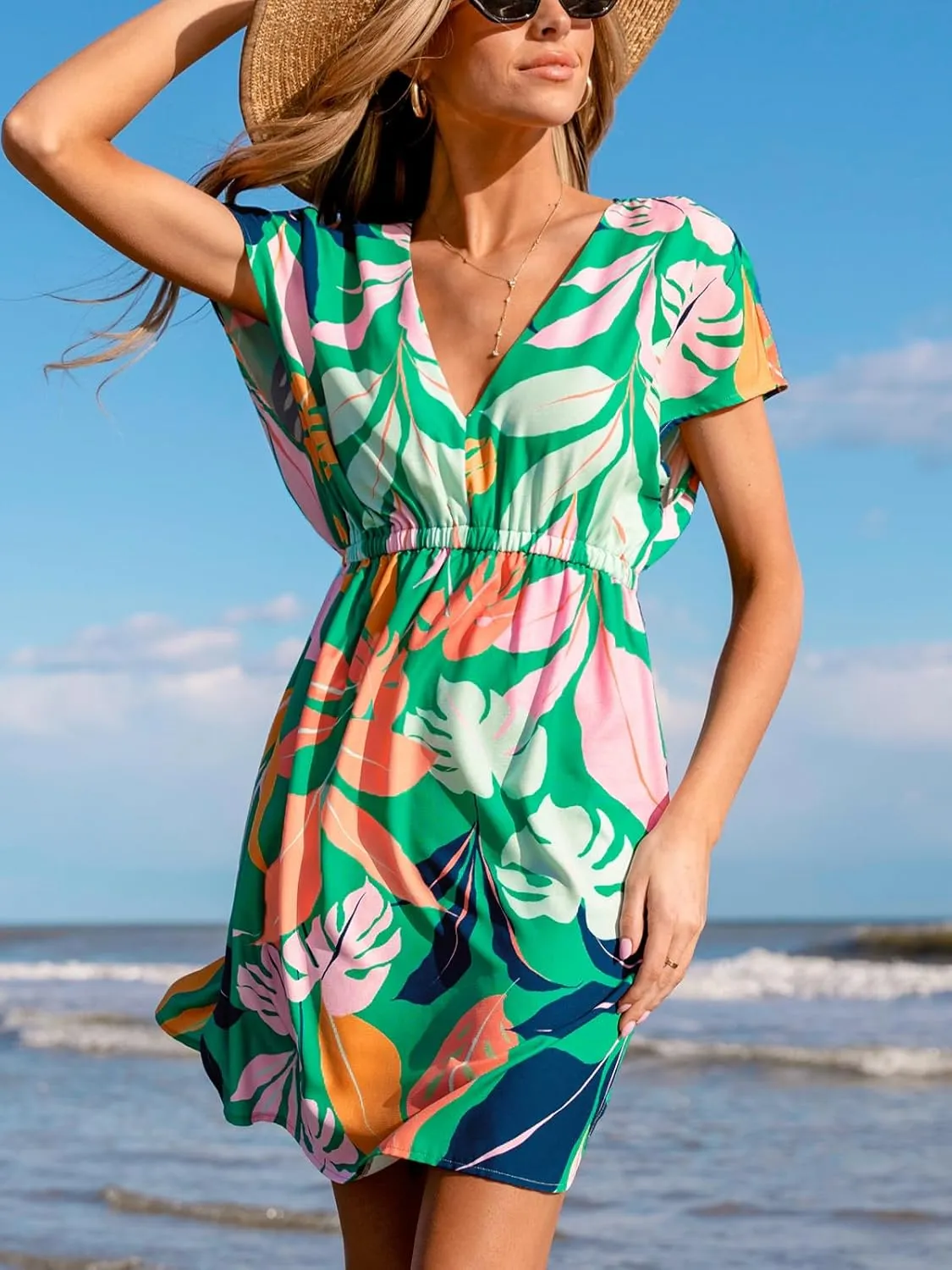 CUPSHE Women's Swimsuit Coverup Dress Short Sleeve Casual Summer Printed Beach Cover Ups Sundress