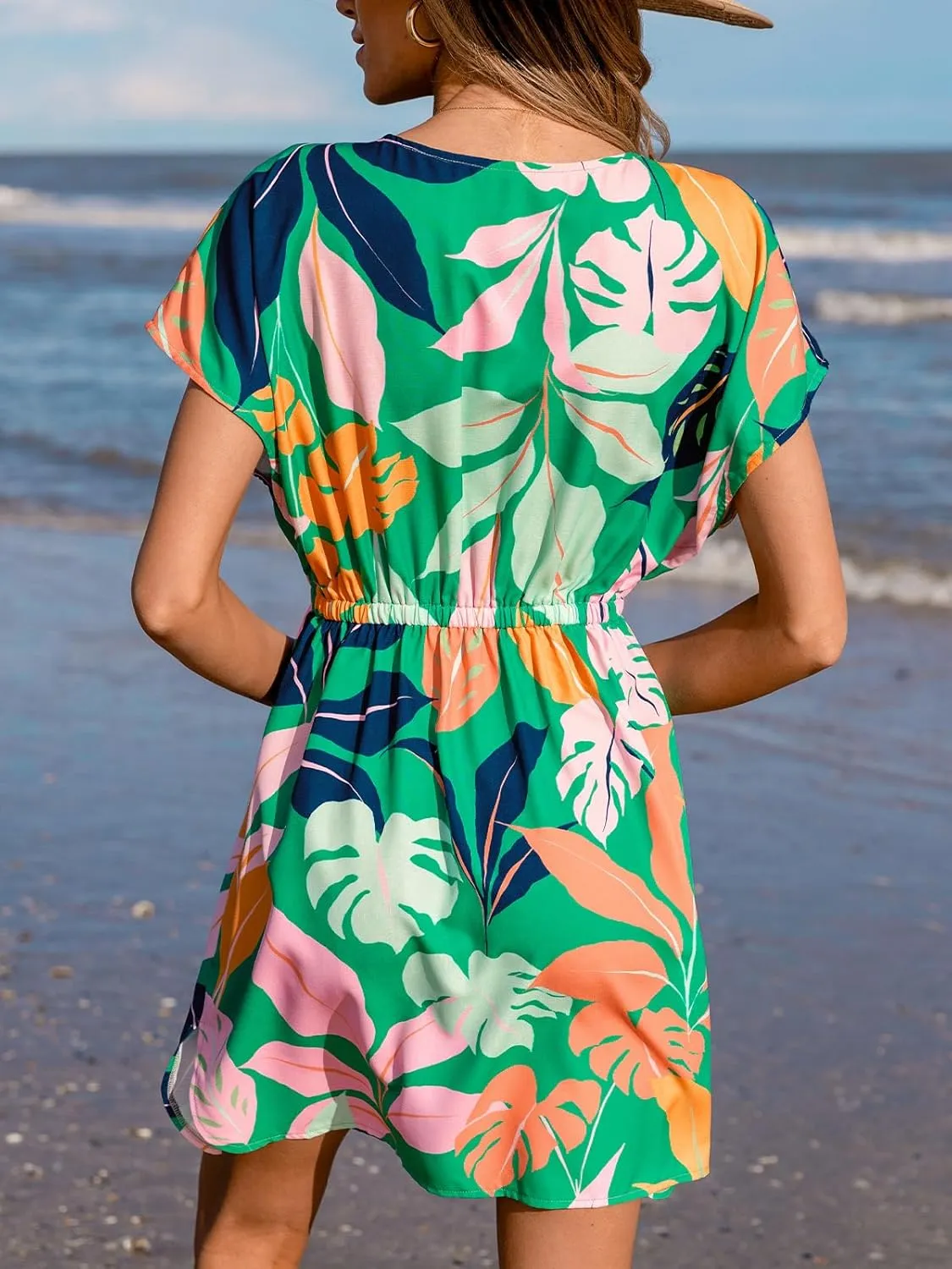 CUPSHE Women's Swimsuit Coverup Dress Short Sleeve Casual Summer Printed Beach Cover Ups Sundress