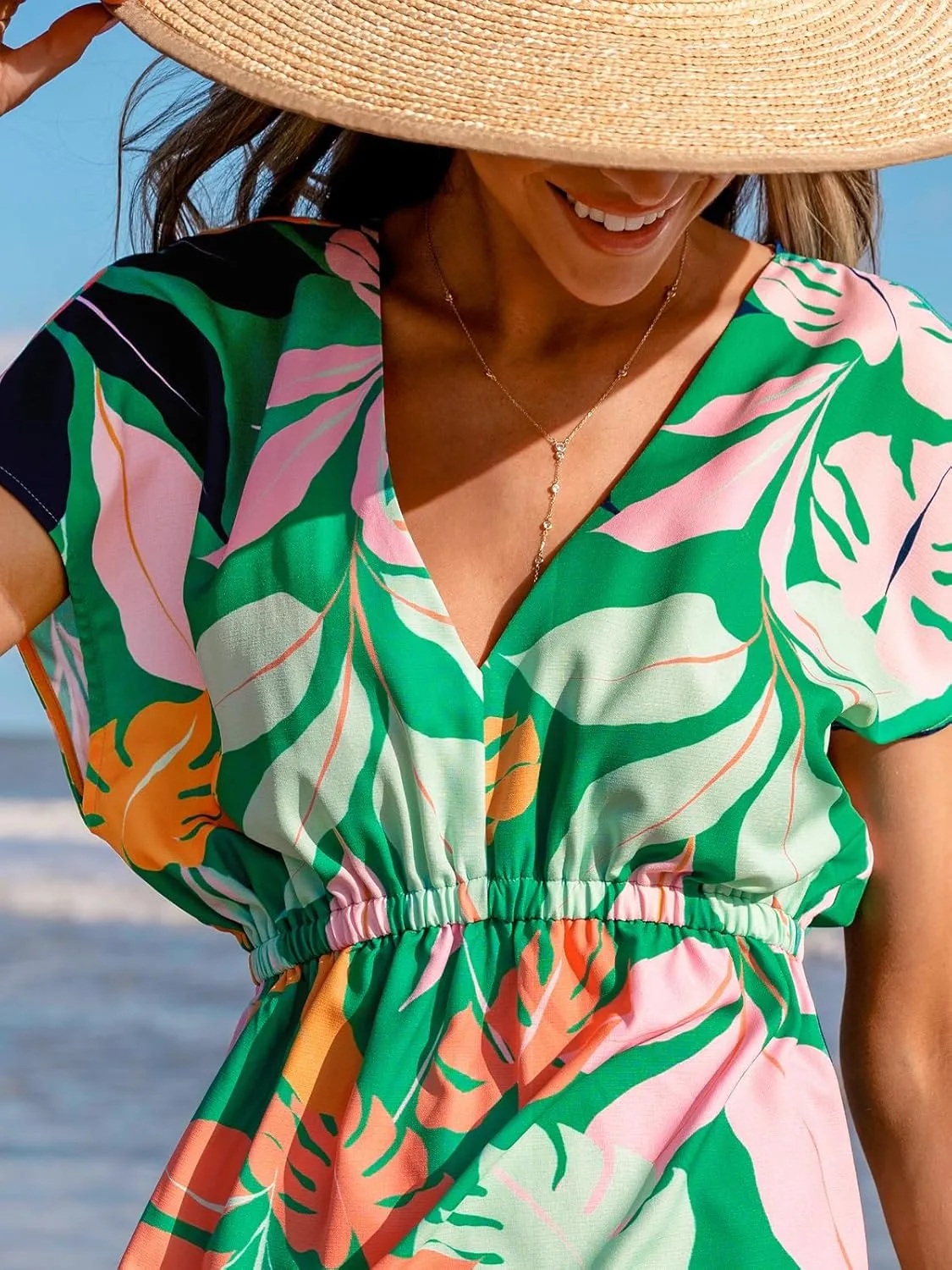 CUPSHE Women's Swimsuit Coverup Dress Short Sleeve Casual Summer Printed Beach Cover Ups Sundress