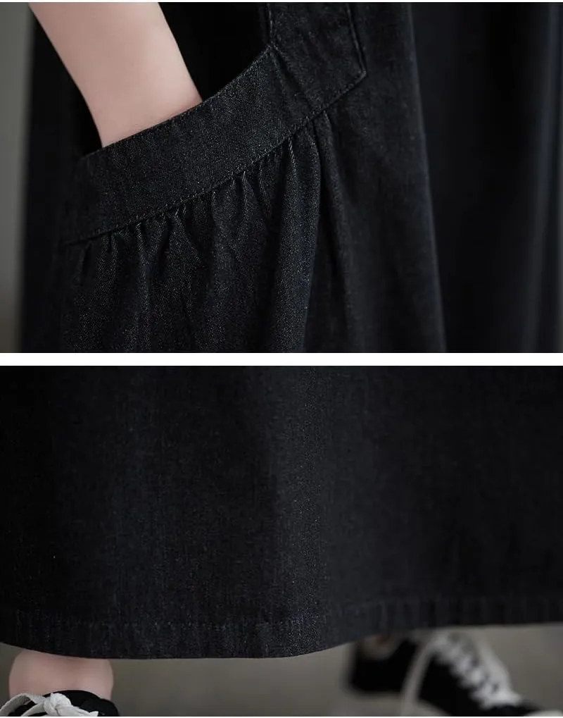 Denim Jumper Dress for Women Loose Version Baggy Style Maxi Length Adjustable Straps Wide Hemline