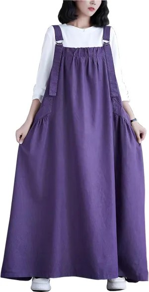 Denim Jumper Dress for Women Loose Version Baggy Style Maxi Length Adjustable Straps Wide Hemline