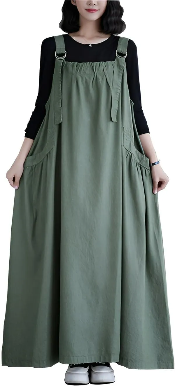 Denim Jumper Dress for Women Loose Version Baggy Style Maxi Length Adjustable Straps Wide Hemline