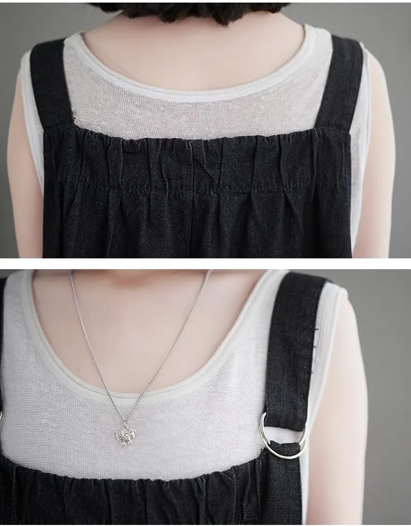 Denim Jumper Dress for Women Loose Version Baggy Style Maxi Length Adjustable Straps Wide Hemline