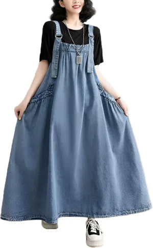 Denim Jumper Dress for Women Loose Version Baggy Style Maxi Length Adjustable Straps Wide Hemline