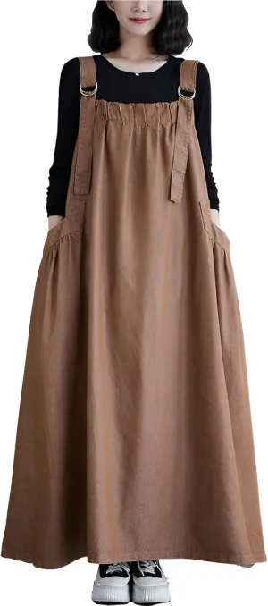 Denim Jumper Dress for Women Loose Version Baggy Style Maxi Length Adjustable Straps Wide Hemline