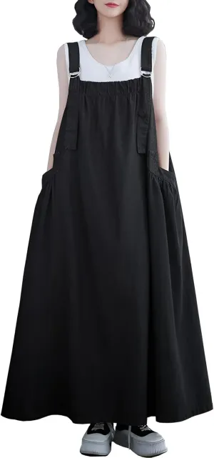 Denim Jumper Dress for Women Loose Version Baggy Style Maxi Length Adjustable Straps Wide Hemline