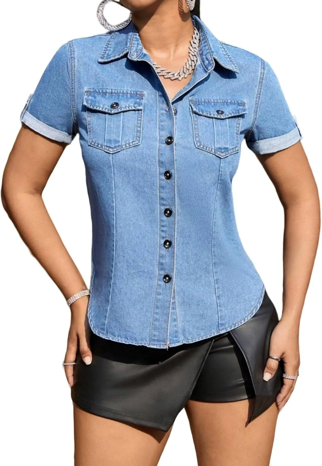 Denim Shirt Women Short Sleeve Button Down Flap Pocket Casual Business Jean Shirts