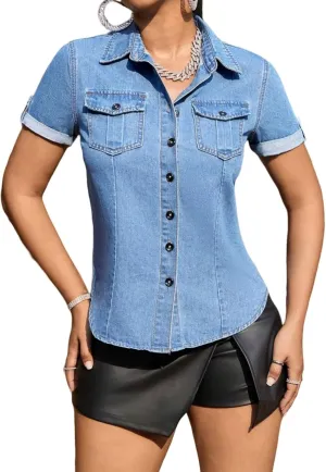 Denim Shirt Women Short Sleeve Button Down Flap Pocket Casual Business Jean Shirts