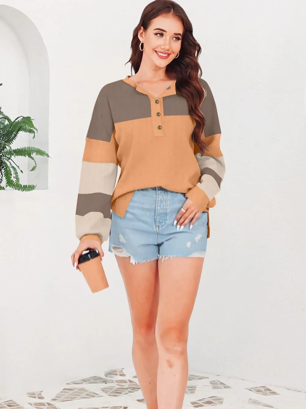 Disamer Sweatshirts for Womens Long Sleeve V Neck Striped Fashion Oversized T Shirts Casual Button Down Henley Neck Tops