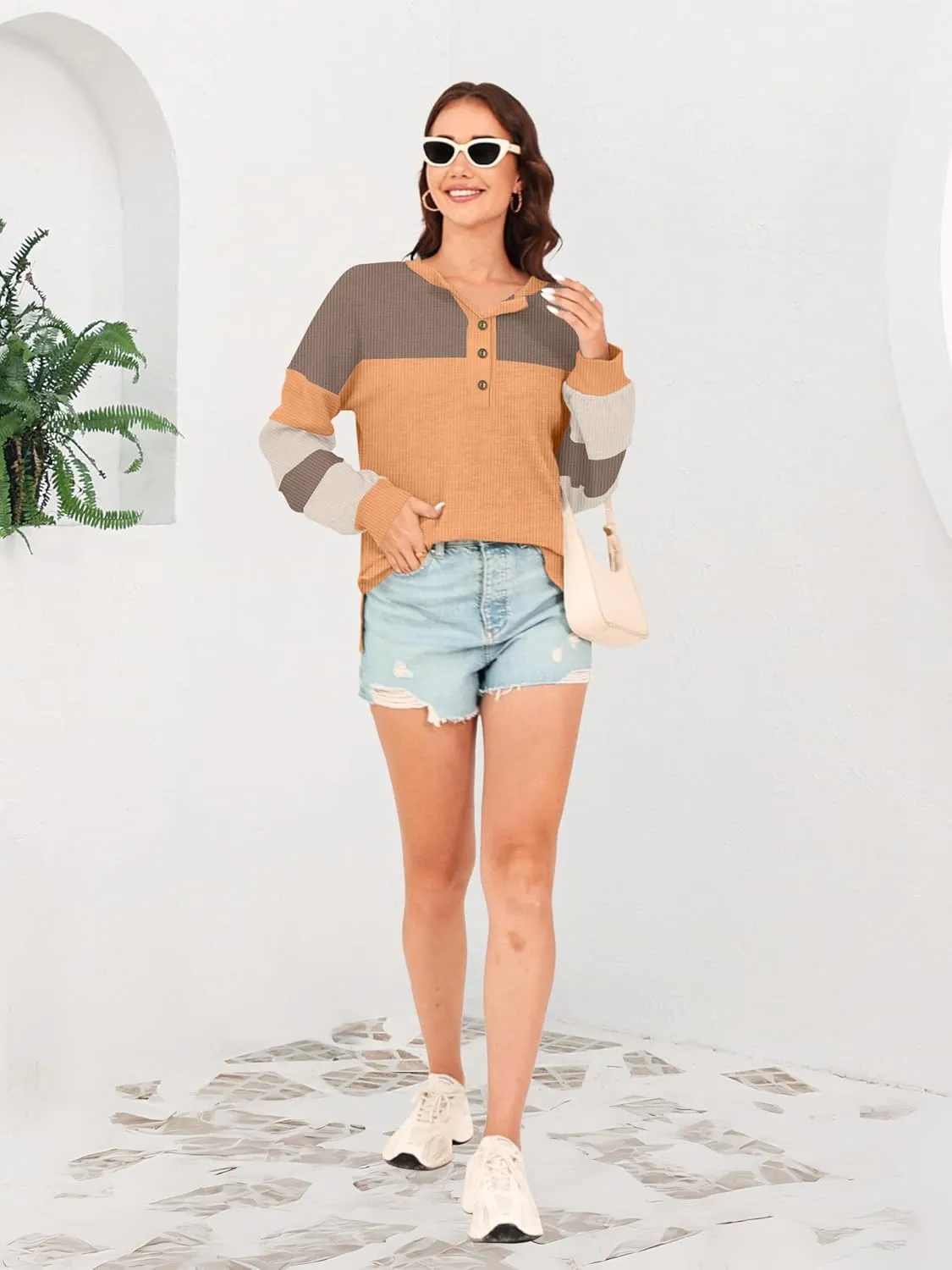 Disamer Sweatshirts for Womens Long Sleeve V Neck Striped Fashion Oversized T Shirts Casual Button Down Henley Neck Tops