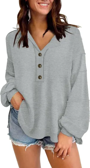 Disamer Sweatshirts for Womens Long Sleeve V Neck Striped Fashion Oversized T Shirts Casual Button Down Henley Neck Tops